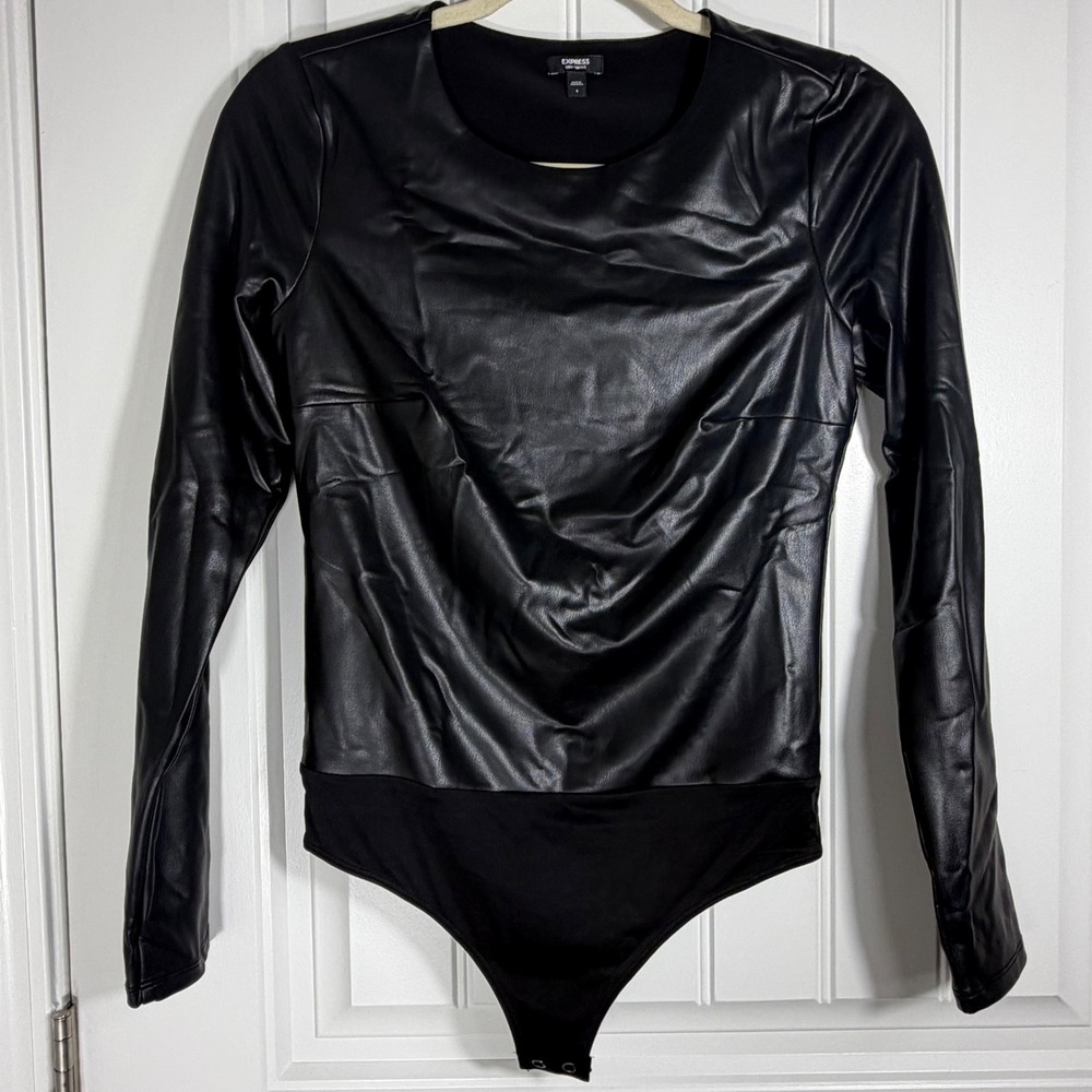 Express Body Contour Faux Leather Long Sleeve Bodysuit Black Small